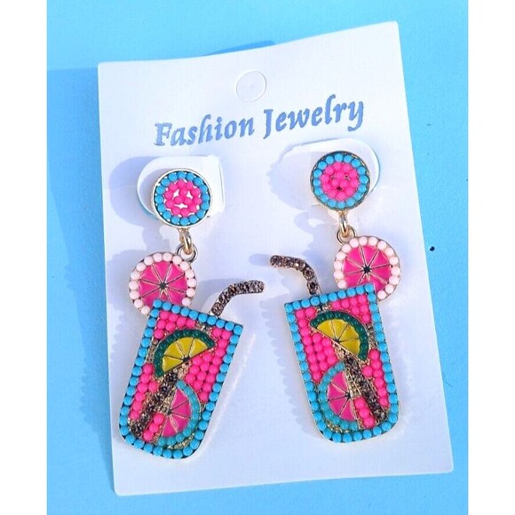 Beaded Fruit Cocktail Drink Earrings Gold Straw Colorful Summer Beach Vacation - Picture 2 of 3